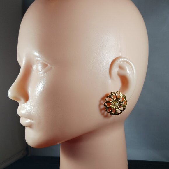 Vintage Gold Tone Flower Motif Faux Pearl Earrings - Picture 1 of 7